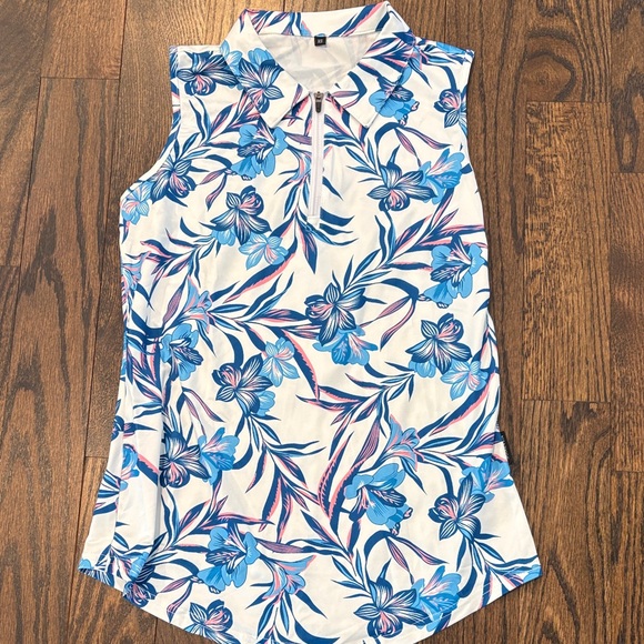 Tops - Golf Shirt Women’s Sleeveless Floral Zip Polo - Blue & Pink Floral on White XS